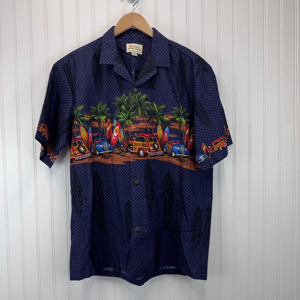 Royal Hawaiian Creations Shirt Mens L Blue Woody Car Surfboard Aloha Retro Tiki